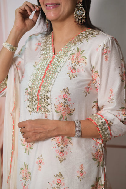 White Mul Chanderi Knee-Length Sharara Suit with Gota Patti Work