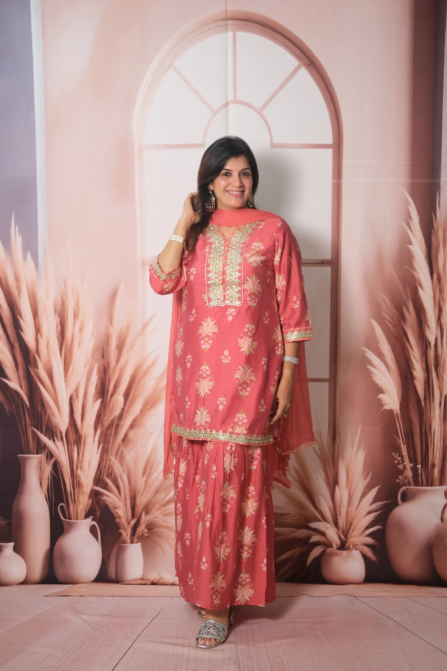 Dark Peach Mul Chanderi Knee-Length Sharara Suit with Gota Patti Work