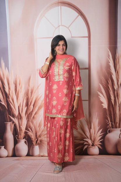Dark Peach Mul Chanderi Knee-Length Sharara Suit with Gota Patti Work