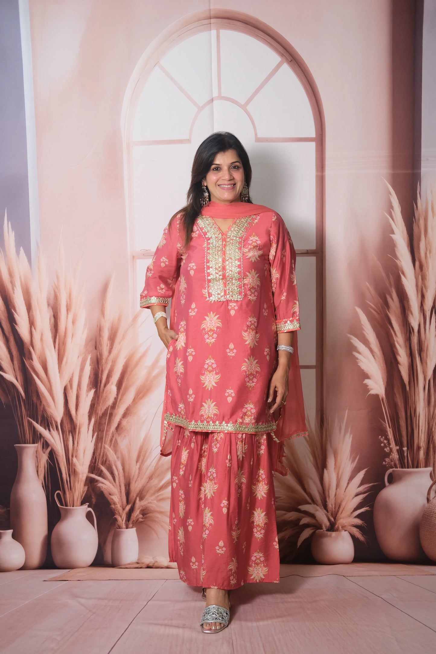 Dark Peach Mul Chanderi Knee-Length Sharara Suit with Gota Patti Work