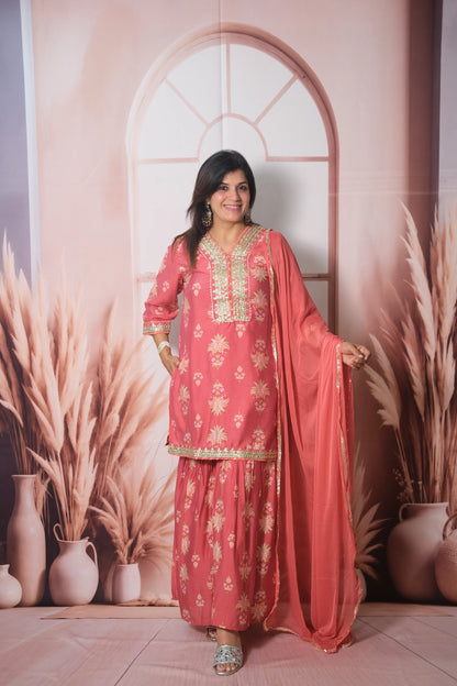 Dark Peach Mul Chanderi Knee-Length Sharara Suit with Gota Patti Work
