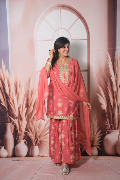 Dark Peach Mul Chanderi Knee-Length Sharara Suit with Gota Patti Work