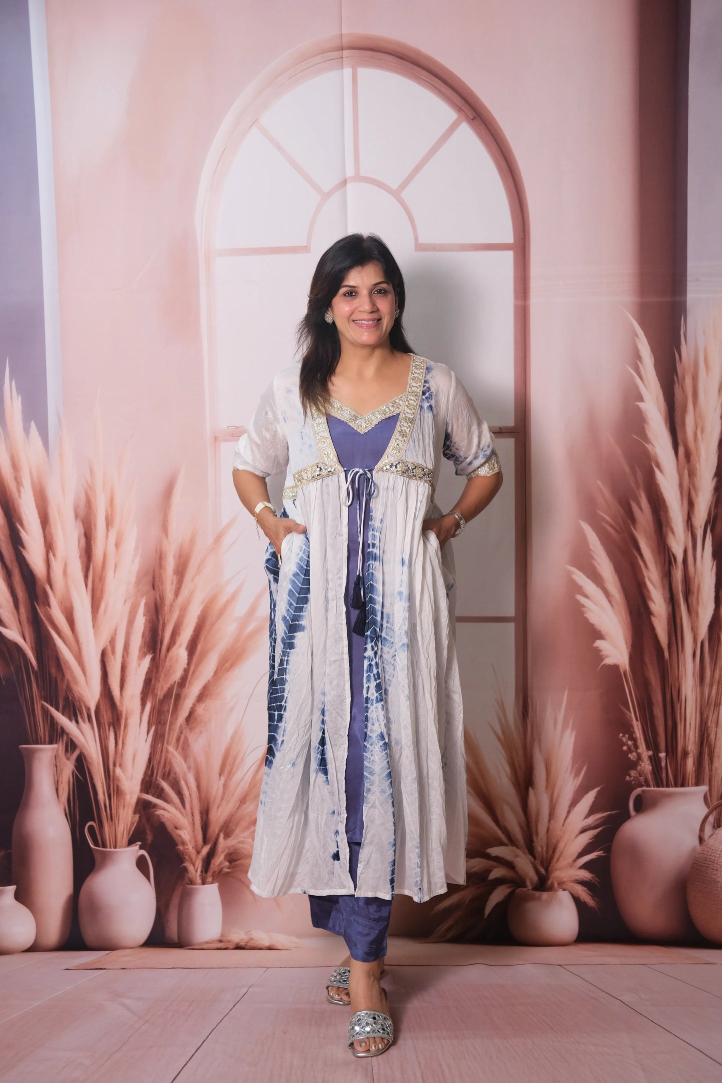 Shibori Print Mul Chanderi Kurta Pant with Shrug & Gota Patti Embroidery