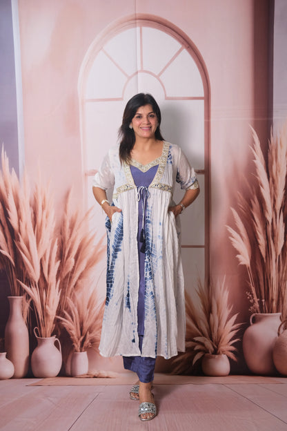 Shibori Print Mul Chanderi Kurta Pant with Shrug & Gota Patti Embroidery