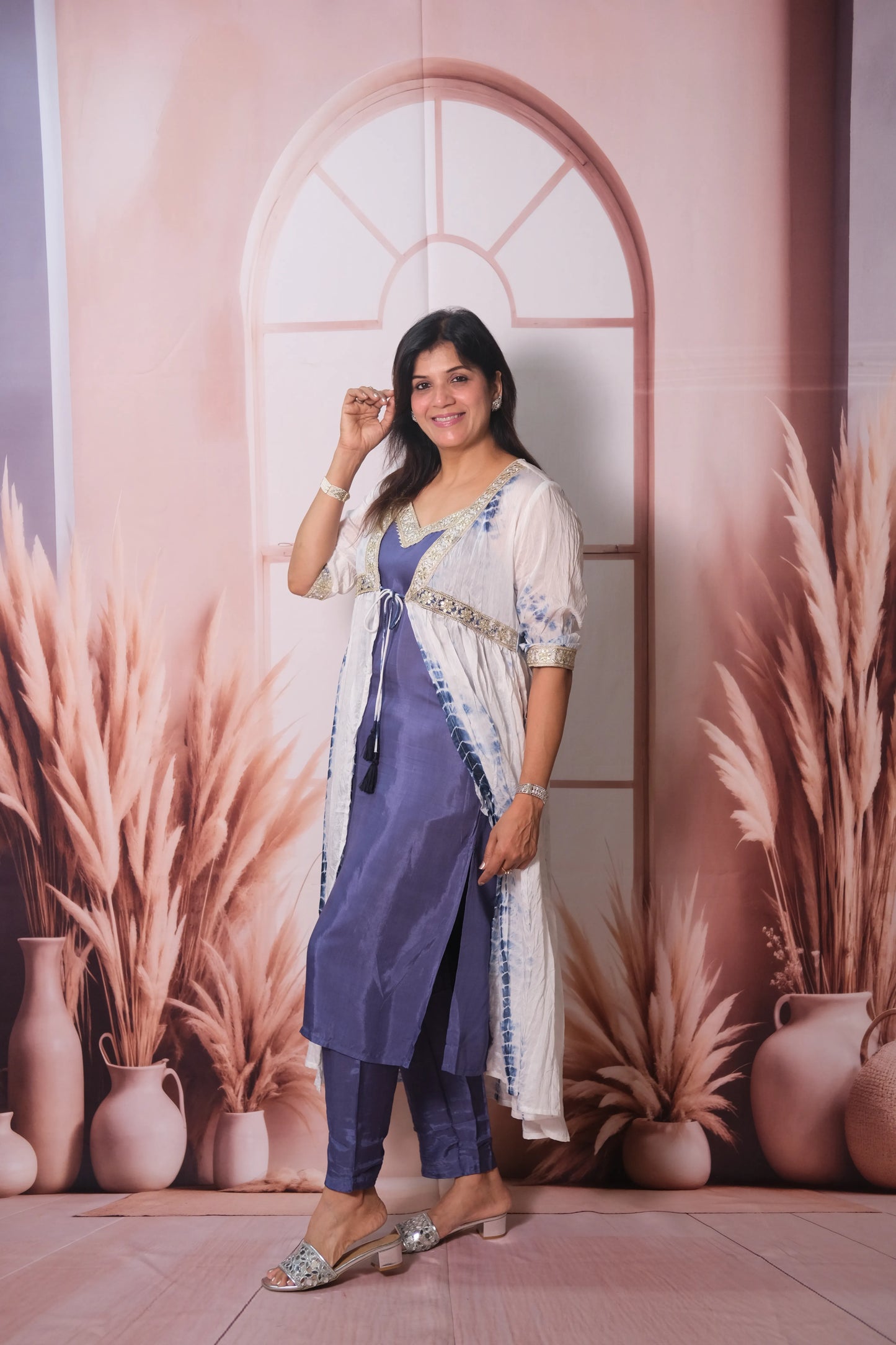 Shibori Print Mul Chanderi Kurta Pant with Shrug & Gota Patti Embroidery