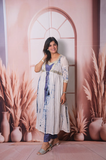 Shibori Print Mul Chanderi Kurta Pant with Shrug & Gota Patti Embroidery