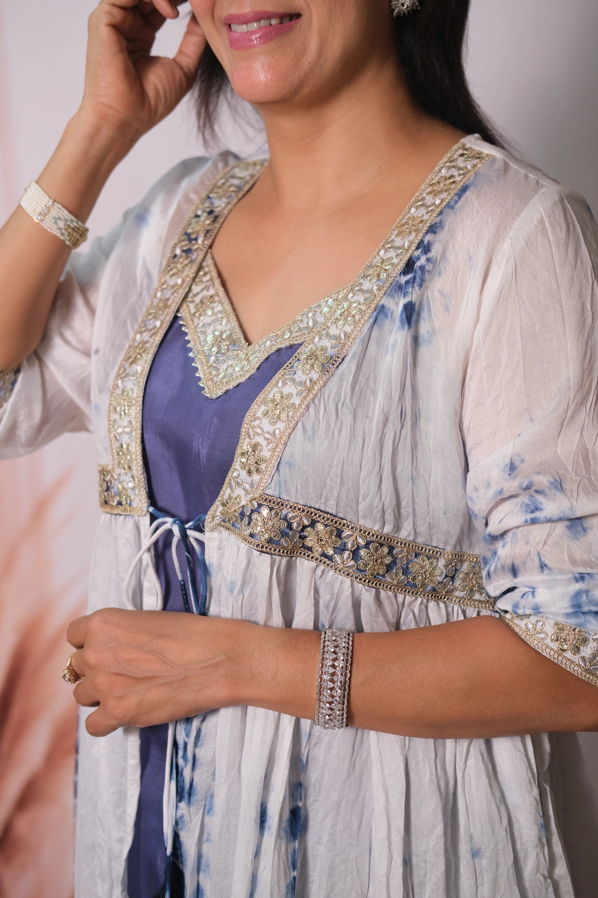 Shibori Print Mul Chanderi Kurta Pant with Shrug & Gota Patti Embroidery