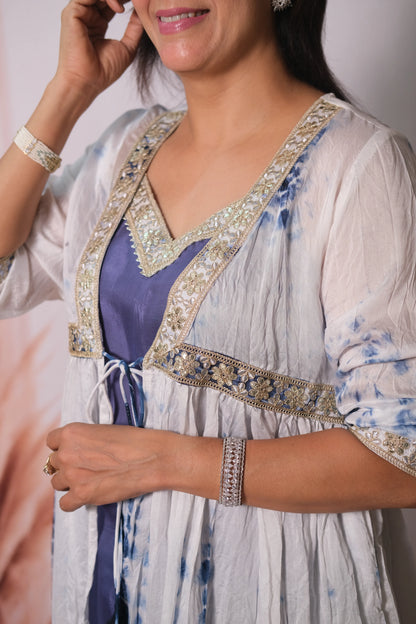 Shibori Print Mul Chanderi Kurta Pant with Shrug & Gota Patti Embroidery