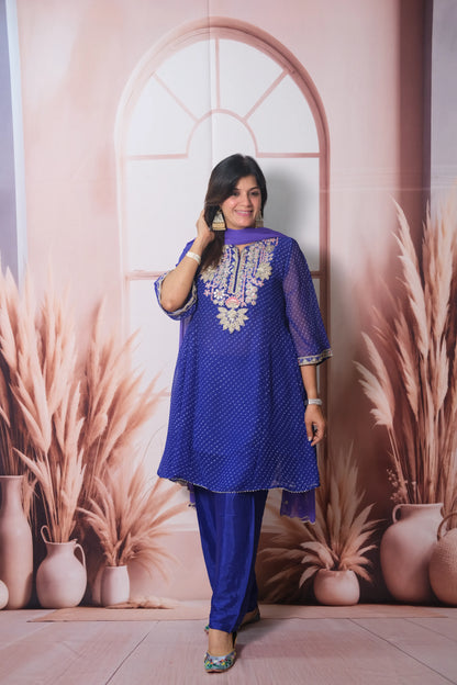 Royal Blue Bandhani Print Short Anarkali Dupatta Set with Gota Patti Embroidery