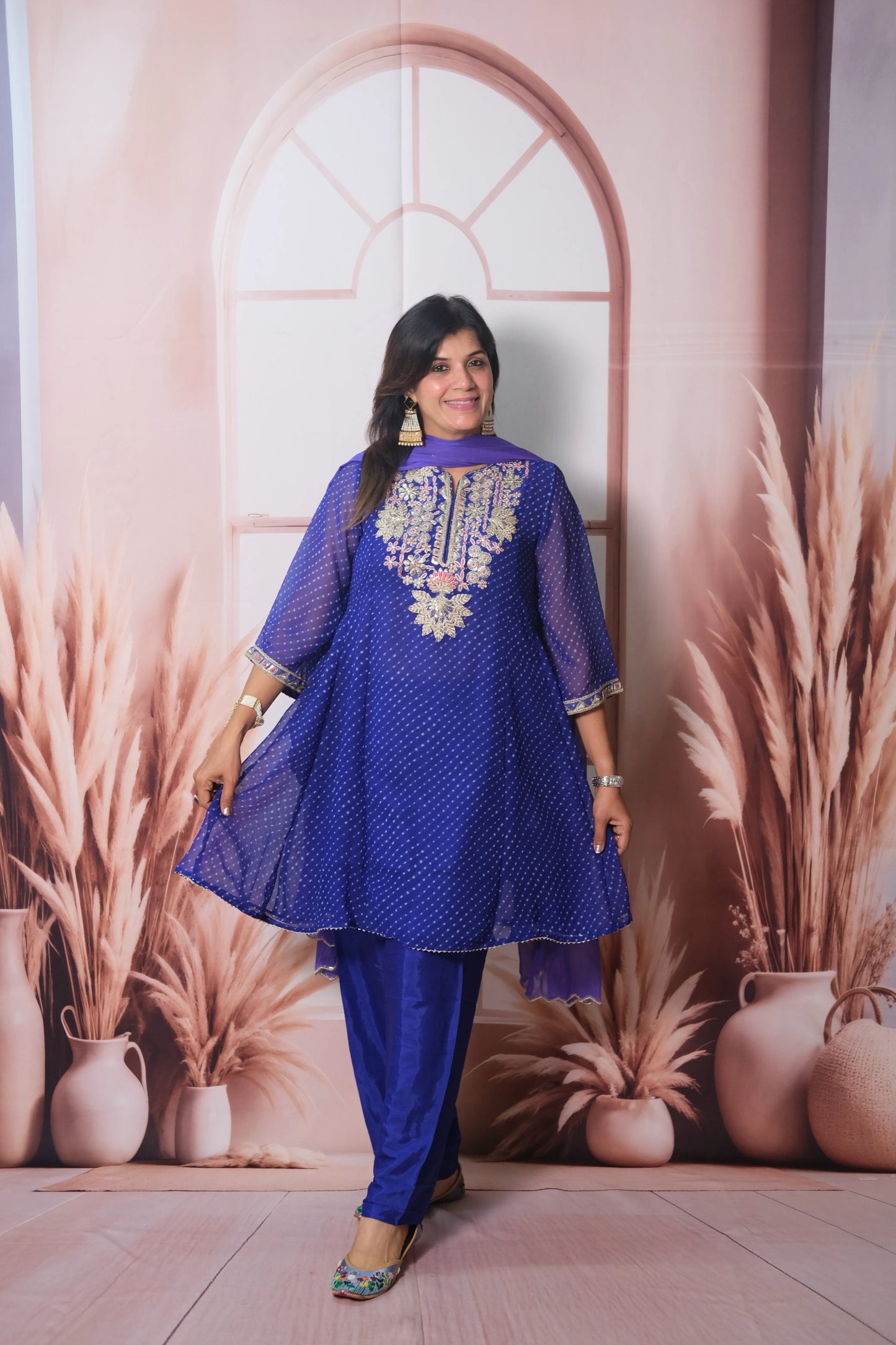 Royal Blue Bandhani Print Short Anarkali Dupatta Set with Gota Patti Embroidery