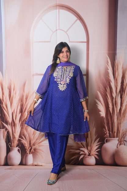 Royal Blue Bandhani Print Short Anarkali Dupatta Set with Gota Patti Embroidery