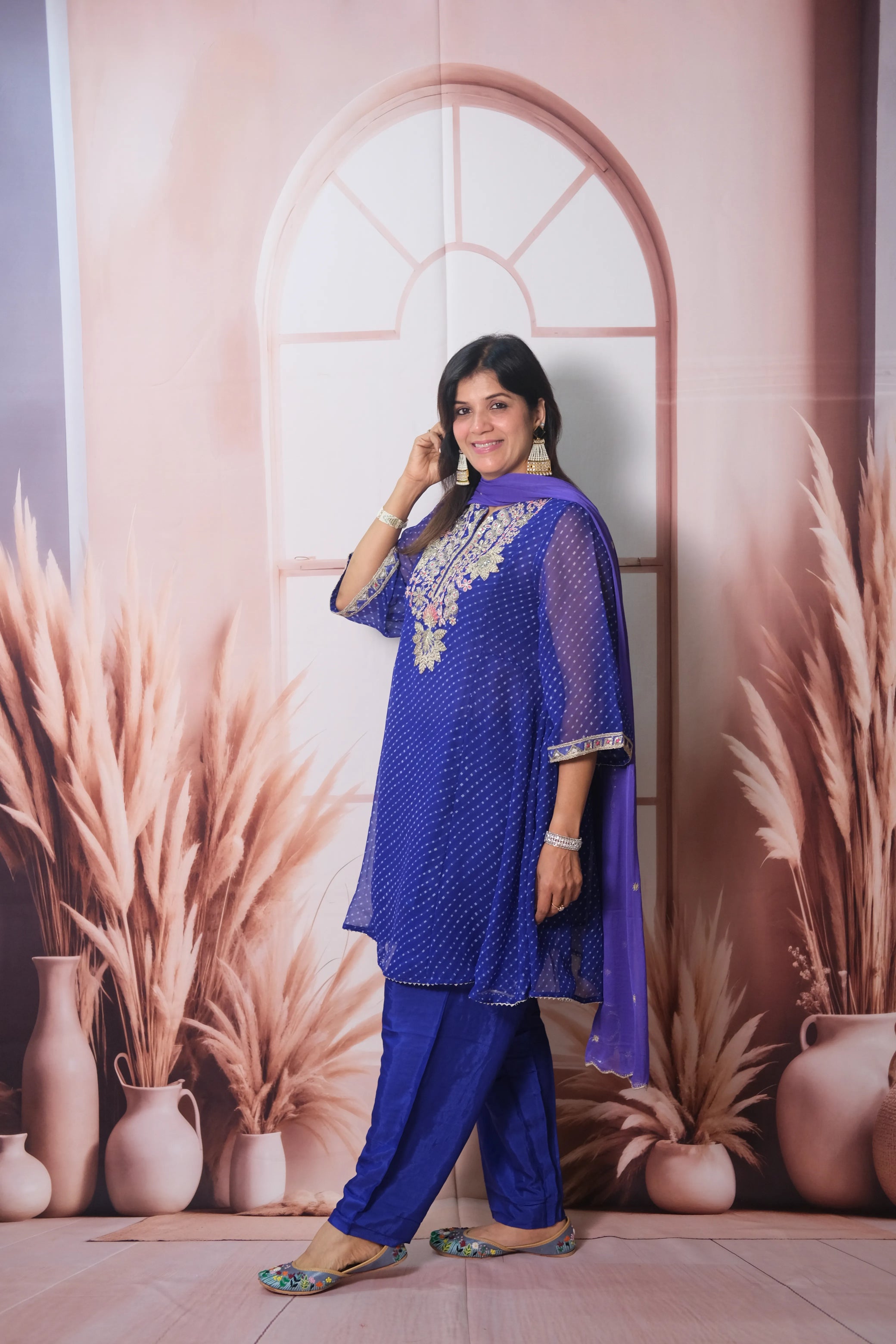 Royal Blue Bandhani Print Short Anarkali Dupatta Set with Gota Patti Embroidery