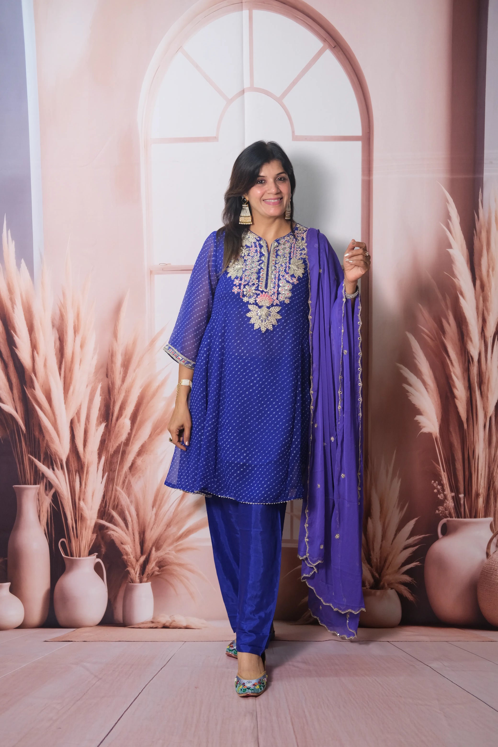 Royal Blue Bandhani Print Short Anarkali Dupatta Set with Gota Patti Embroidery