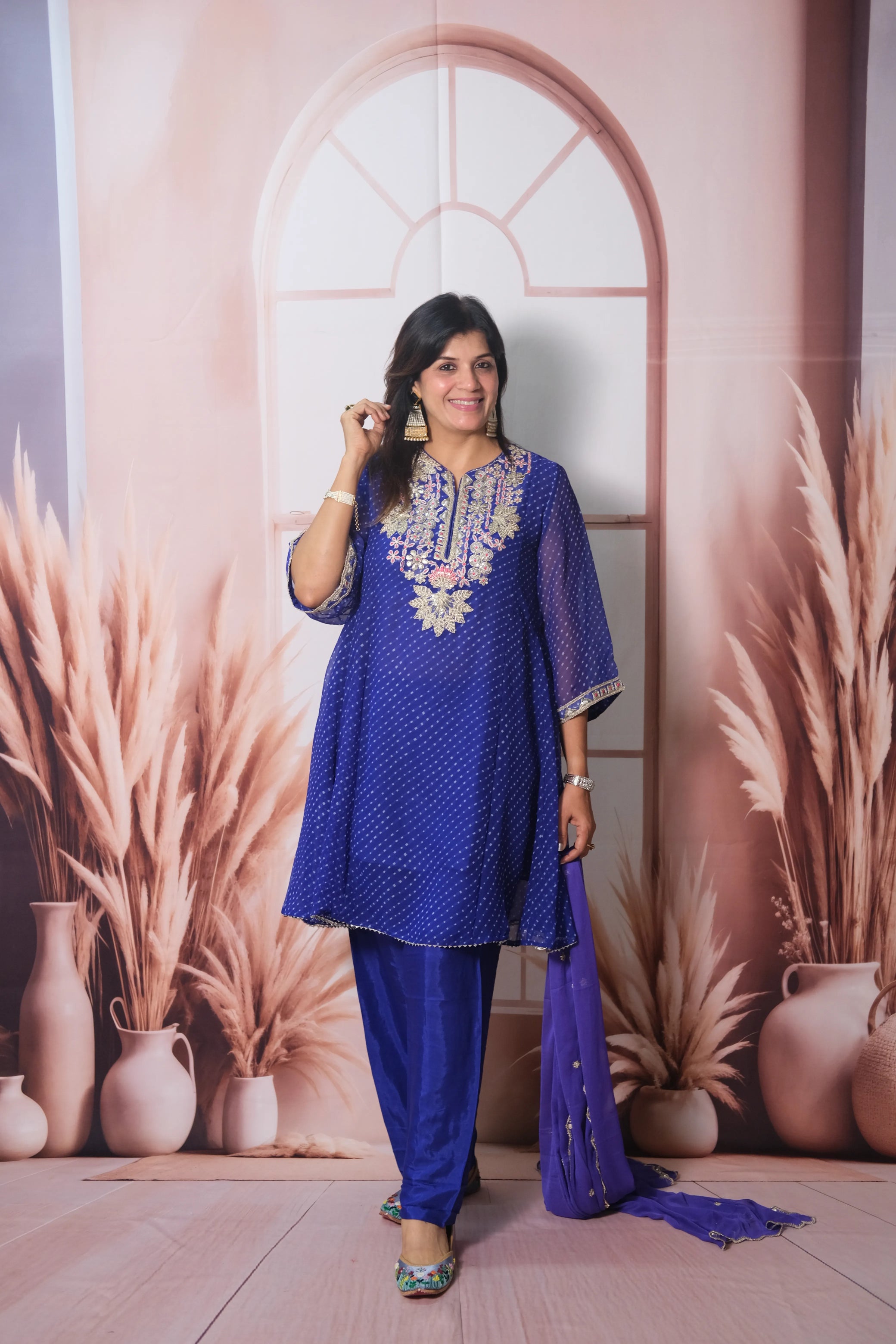 Royal Blue Bandhani Print Short Anarkali Dupatta Set with Gota Patti Embroidery