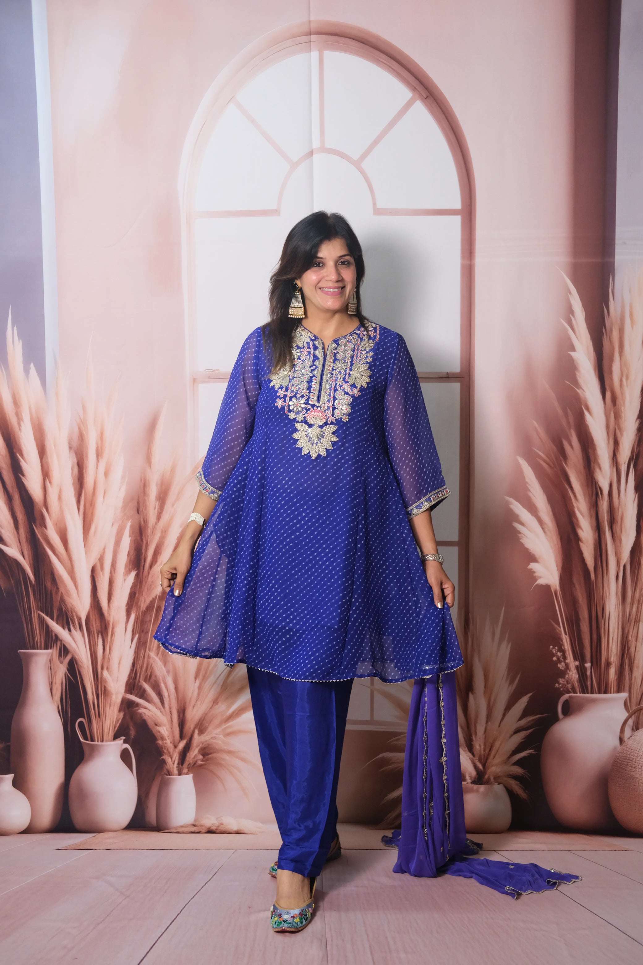 Royal Blue Bandhani Print Short Anarkali Dupatta Set with Gota Patti Embroidery