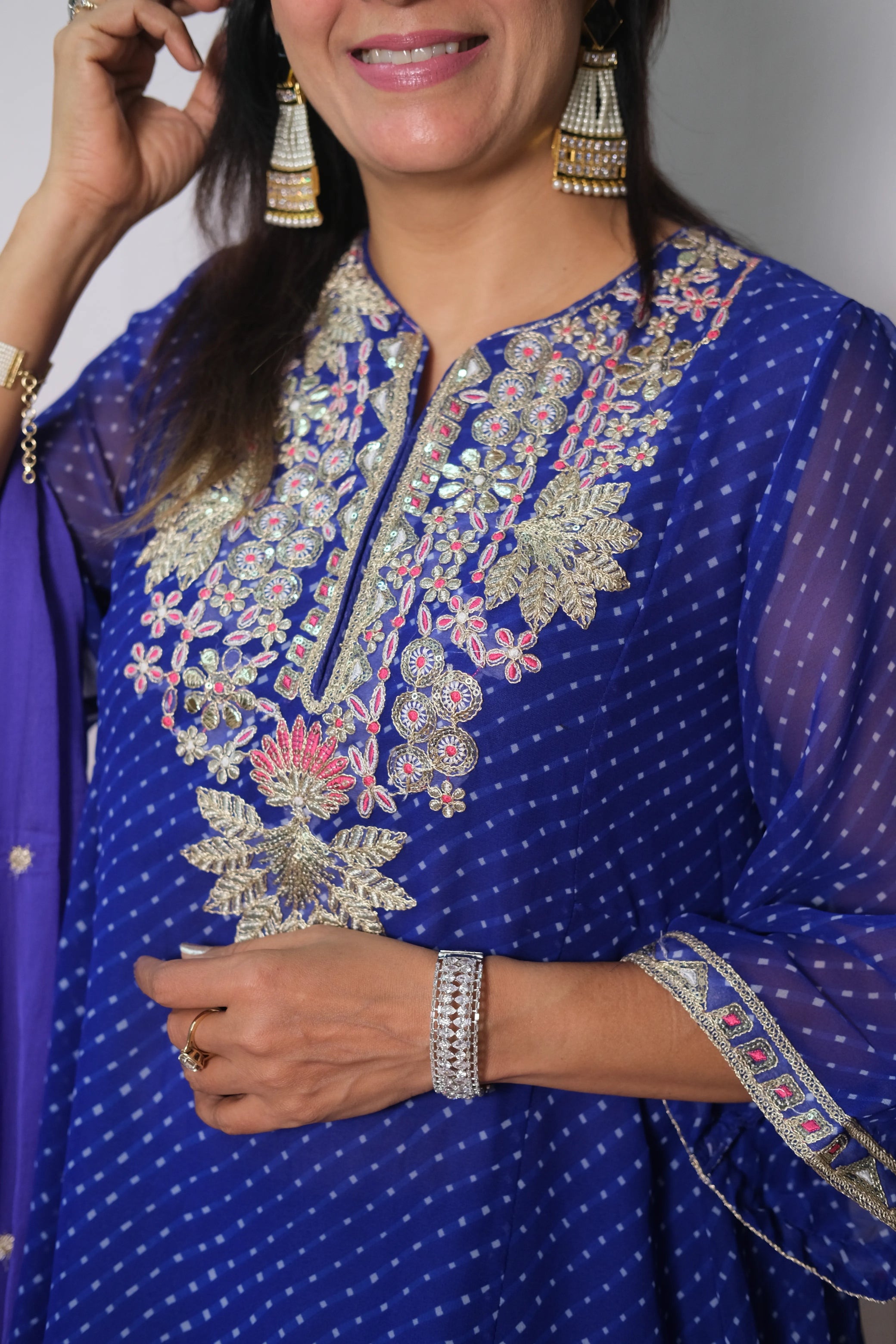 Royal Blue Bandhani Print Short Anarkali Dupatta Set with Gota Patti Embroidery