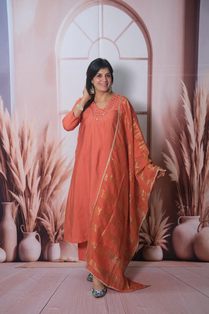 Rust Muslin Silk A-Line Kurta Dupatta Set with Mirror Work