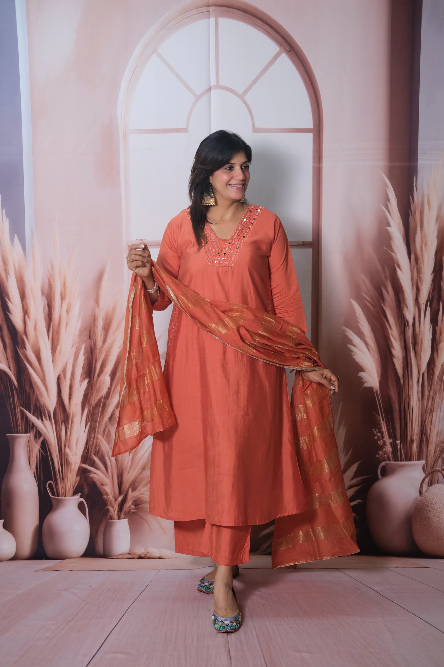 Rust Muslin Silk A-Line Kurta Dupatta Set with Mirror Work