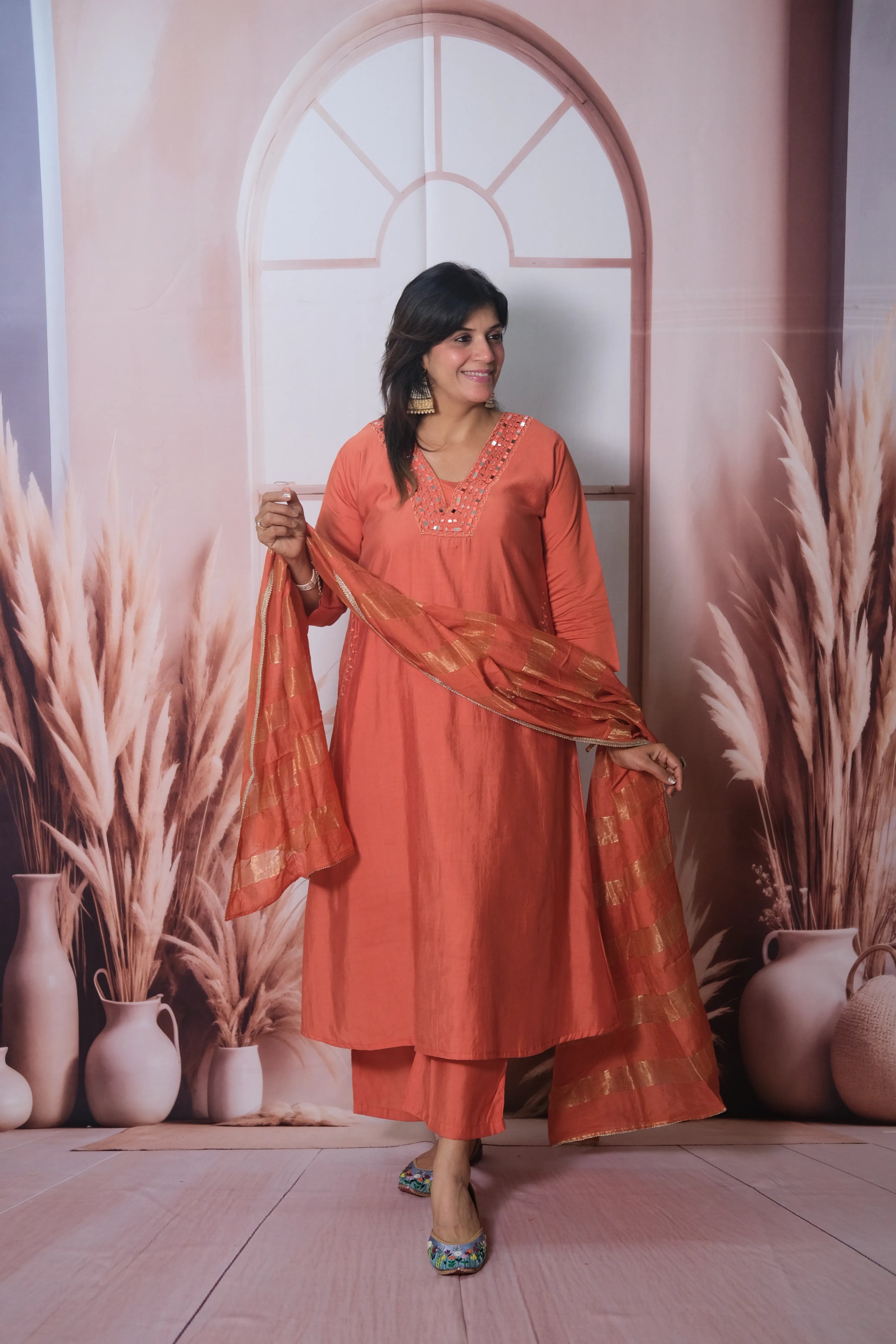 Rust Muslin Silk A-Line Kurta Dupatta Set with Mirror Work