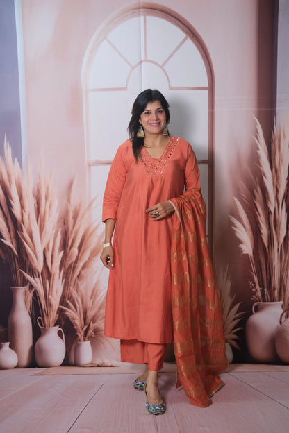 Rust Muslin Silk A-Line Kurta Dupatta Set with Mirror Work