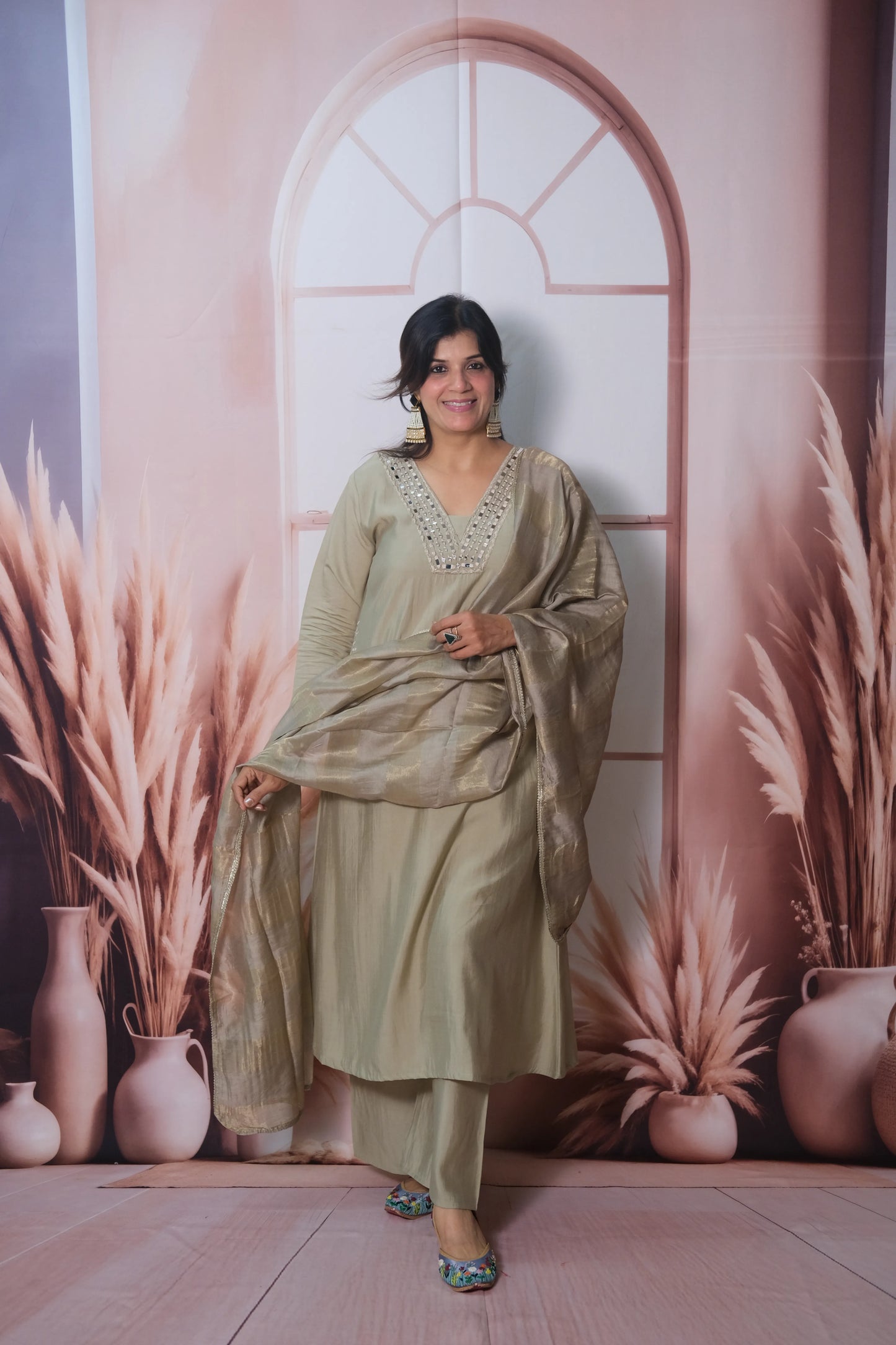 Warm Grey Muslin Silk A-Line Kurta Dupatta Set with Mirror Work