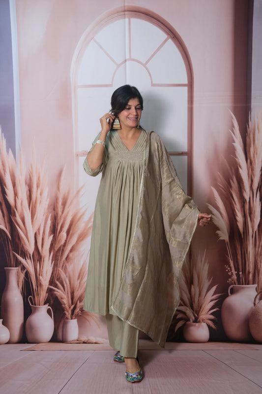 Warm Grey Muslin Silk A-Line Kurta Dupatta Set with sequins work