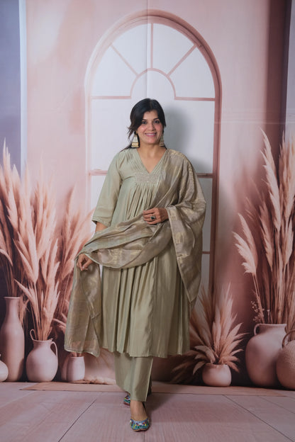 Warm Grey Muslin Silk A-Line Kurta Dupatta Set with sequins work