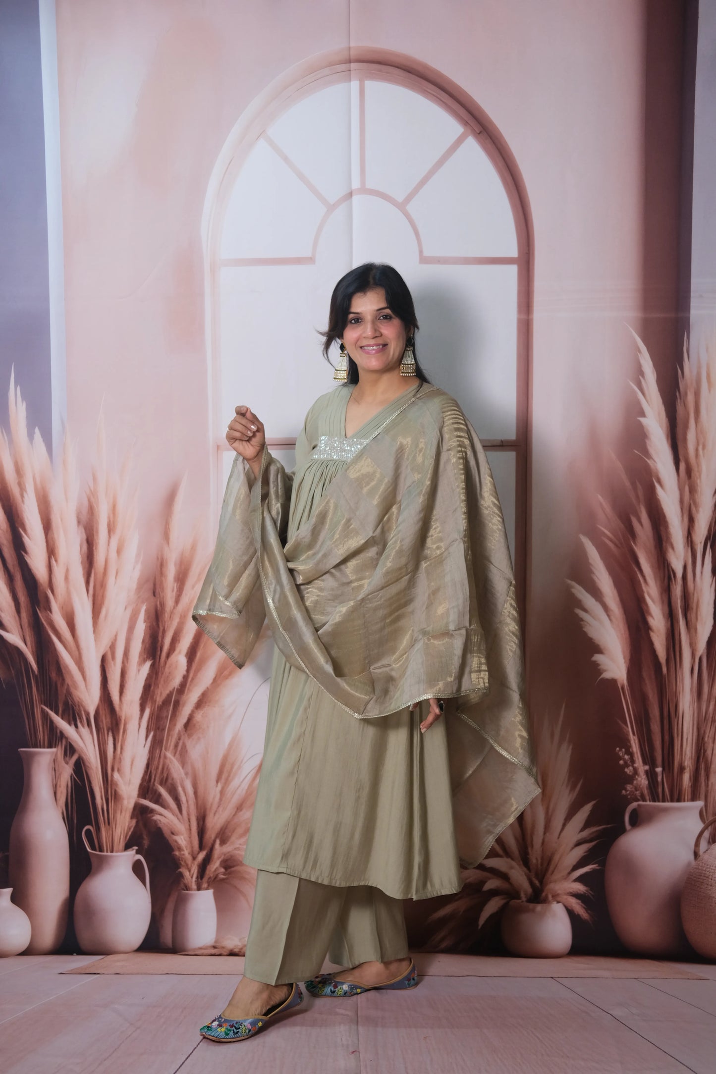 Warm Grey Muslin Silk A-Line Kurta Dupatta Set with sequins work