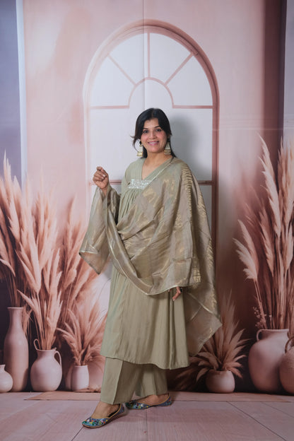 Warm Grey Muslin Silk A-Line Kurta Dupatta Set with sequins work