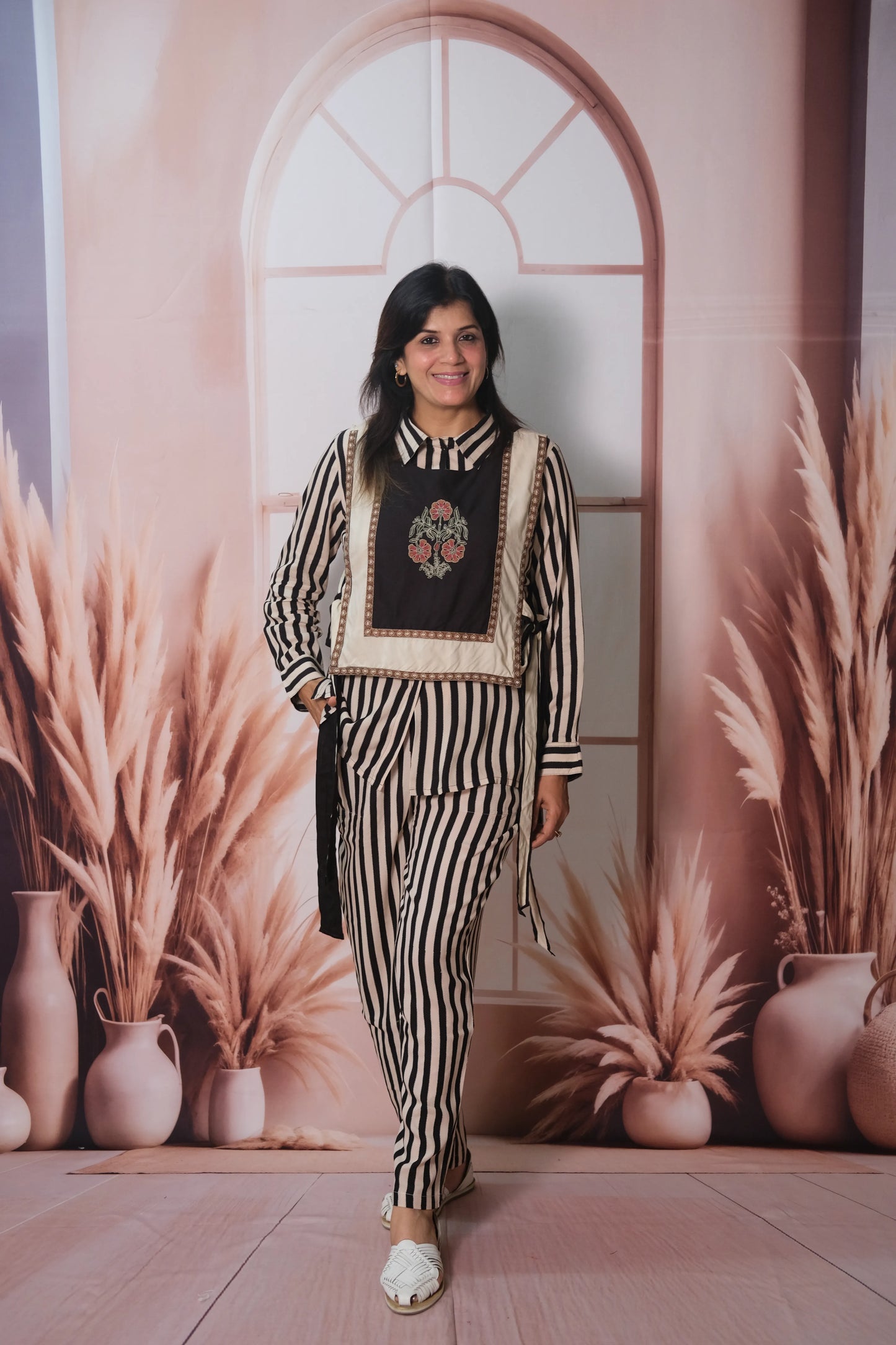 3 Piece Stripe Printed Rayon Co-ord Set with Jacket & Embroidery