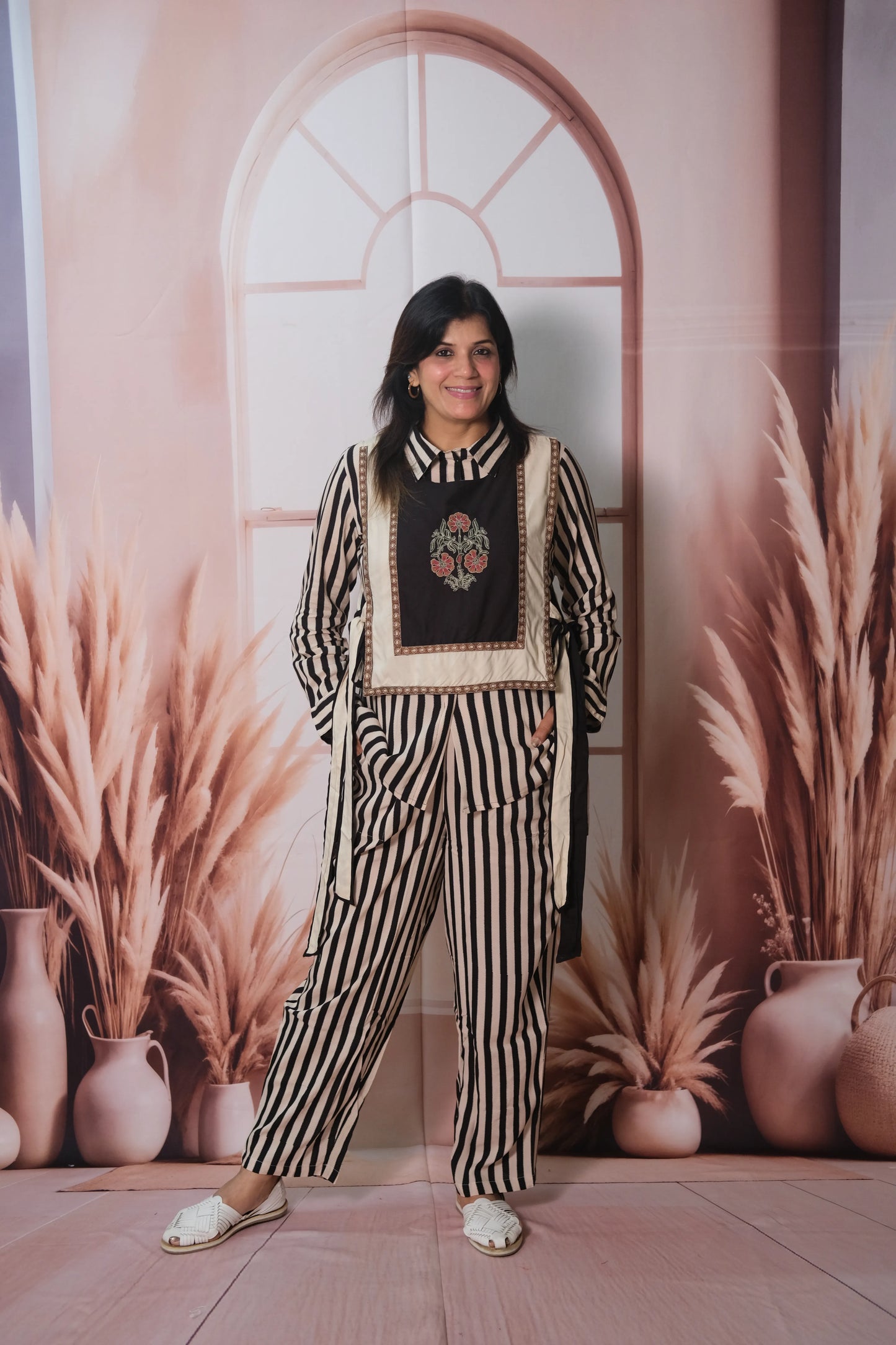 3 Piece Stripe Printed Rayon Co-ord Set with Jacket & Embroidery