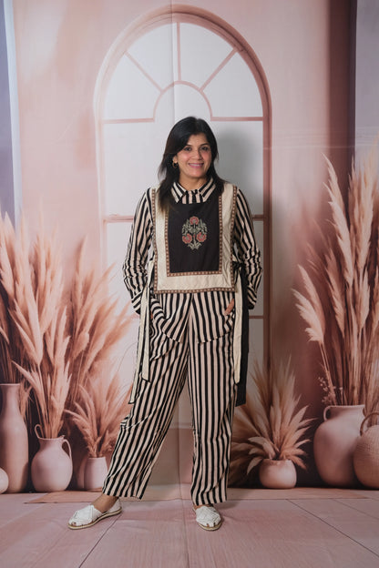 3 Piece Stripe Printed Rayon Co-ord Set with Jacket & Embroidery