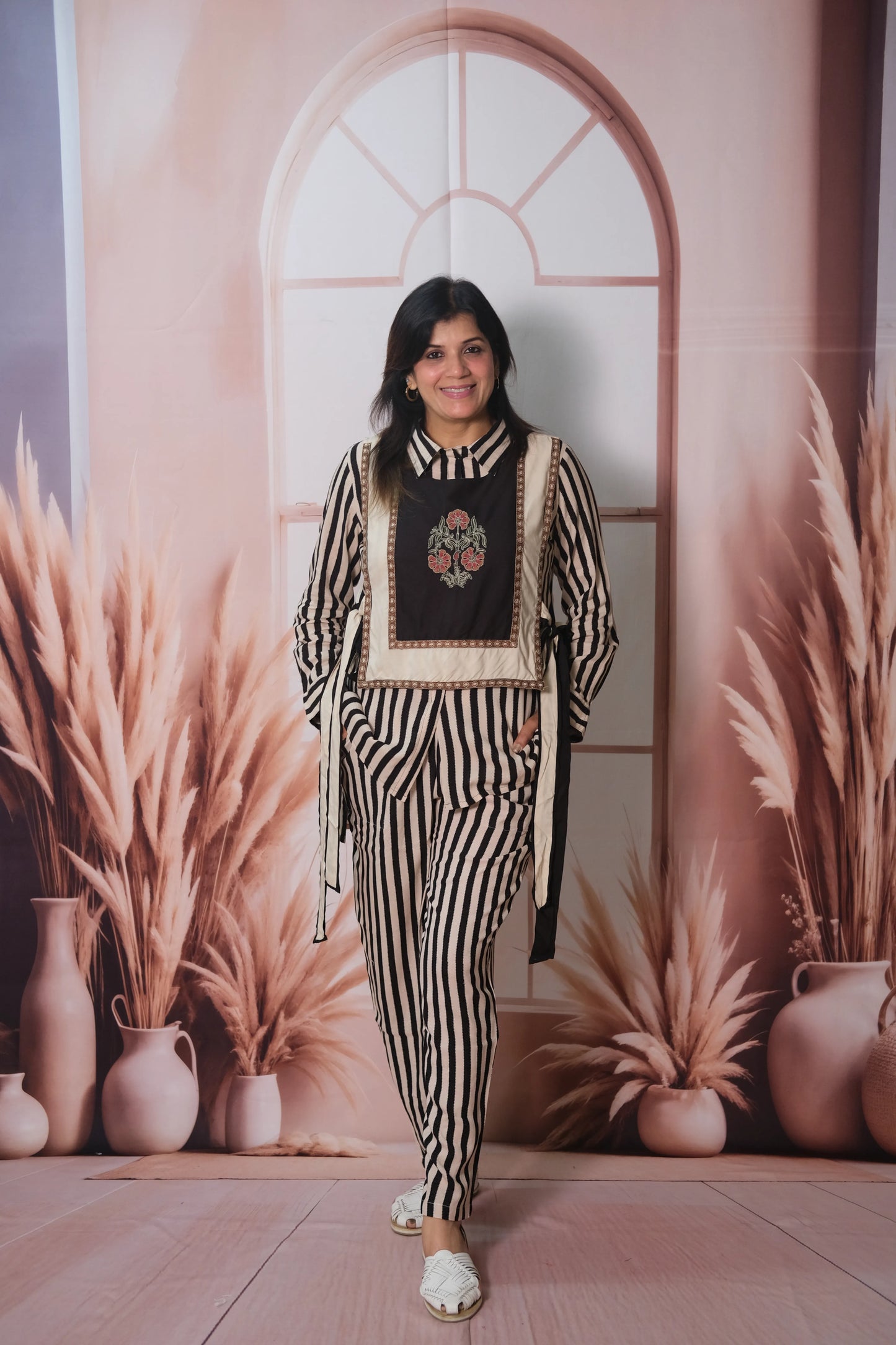 3 Piece Stripe Printed Rayon Co-ord Set with Jacket & Embroidery