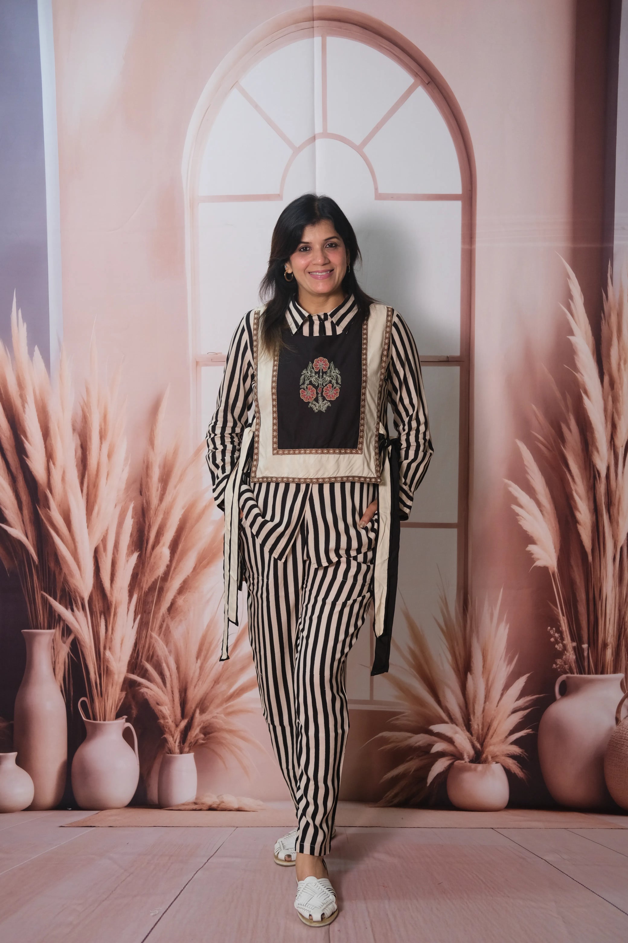 3 Piece Stripe Printed Rayon Co-ord Set with Jacket & Embroidery