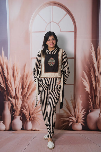 3 Piece Stripe Printed Rayon Co-ord Set with Jacket & Embroidery