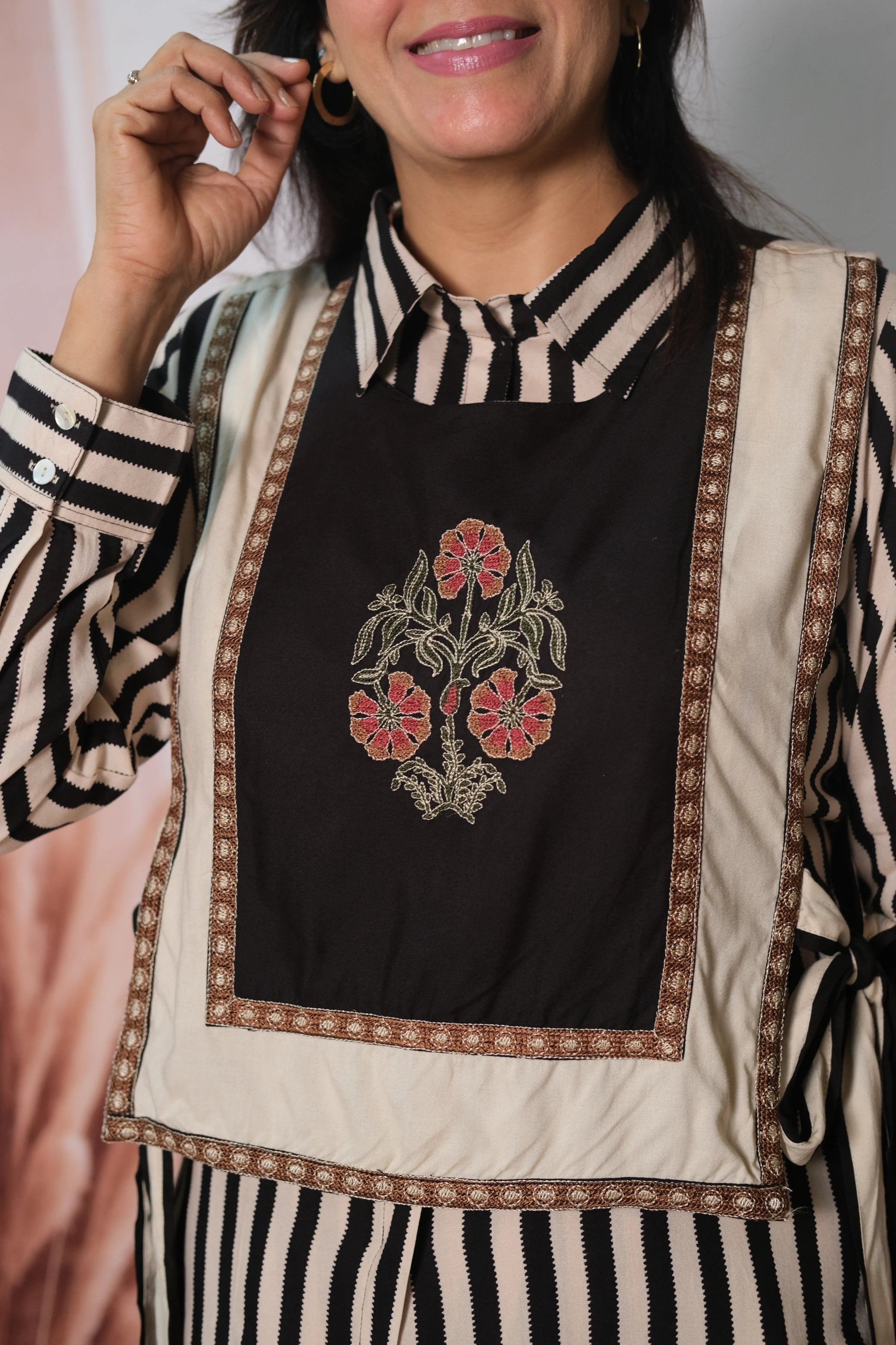 3 Piece Stripe Printed Rayon Co-ord Set with Jacket & Embroidery