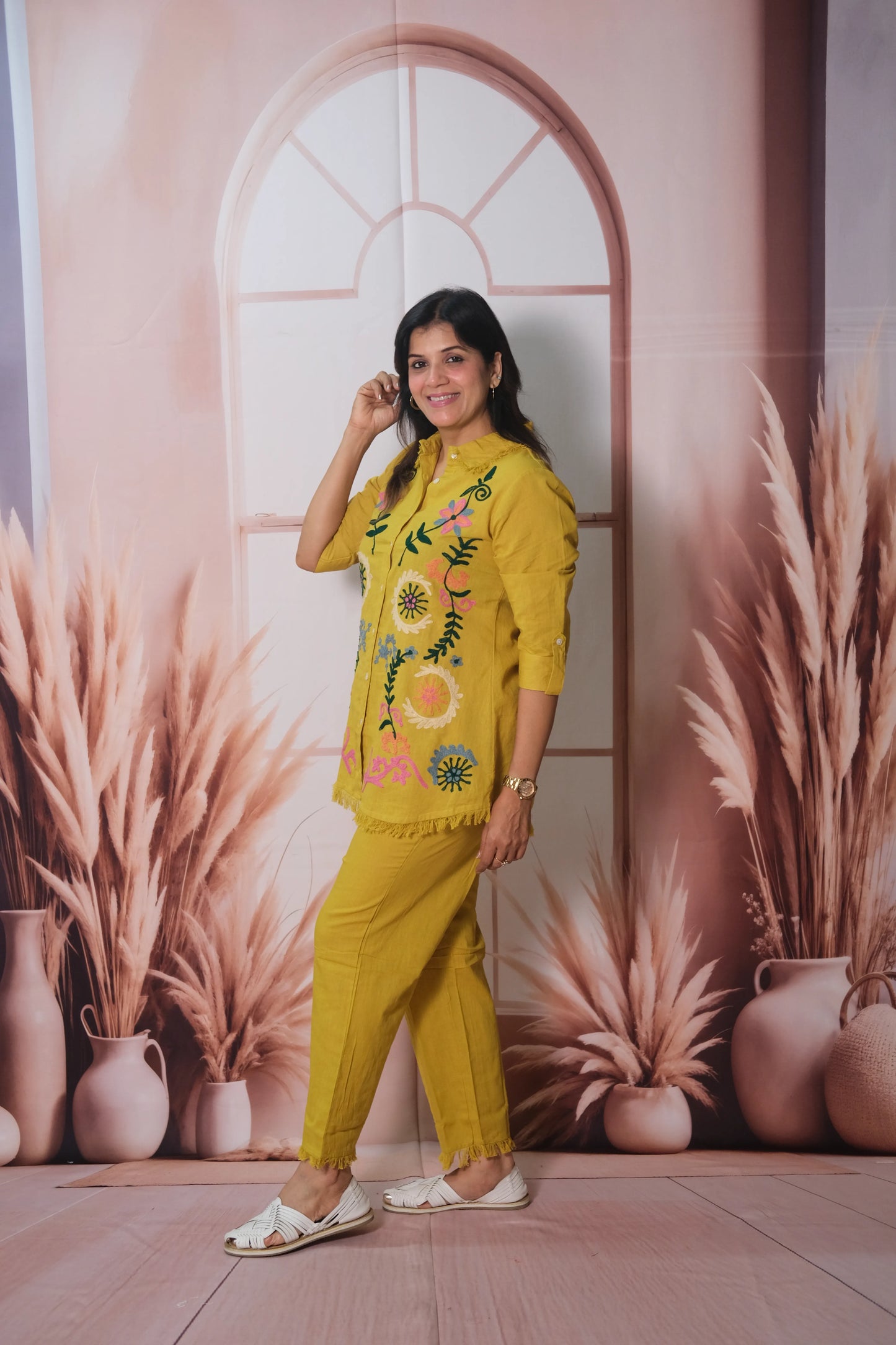 Yellow Flex Cotton Co-ord Set with Thread Embroidery | Stylish Ethnic Wear for Women