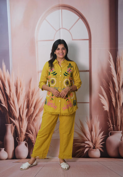 Yellow Flex Cotton Co-ord Set with Thread Embroidery | Stylish Ethnic Wear for Women