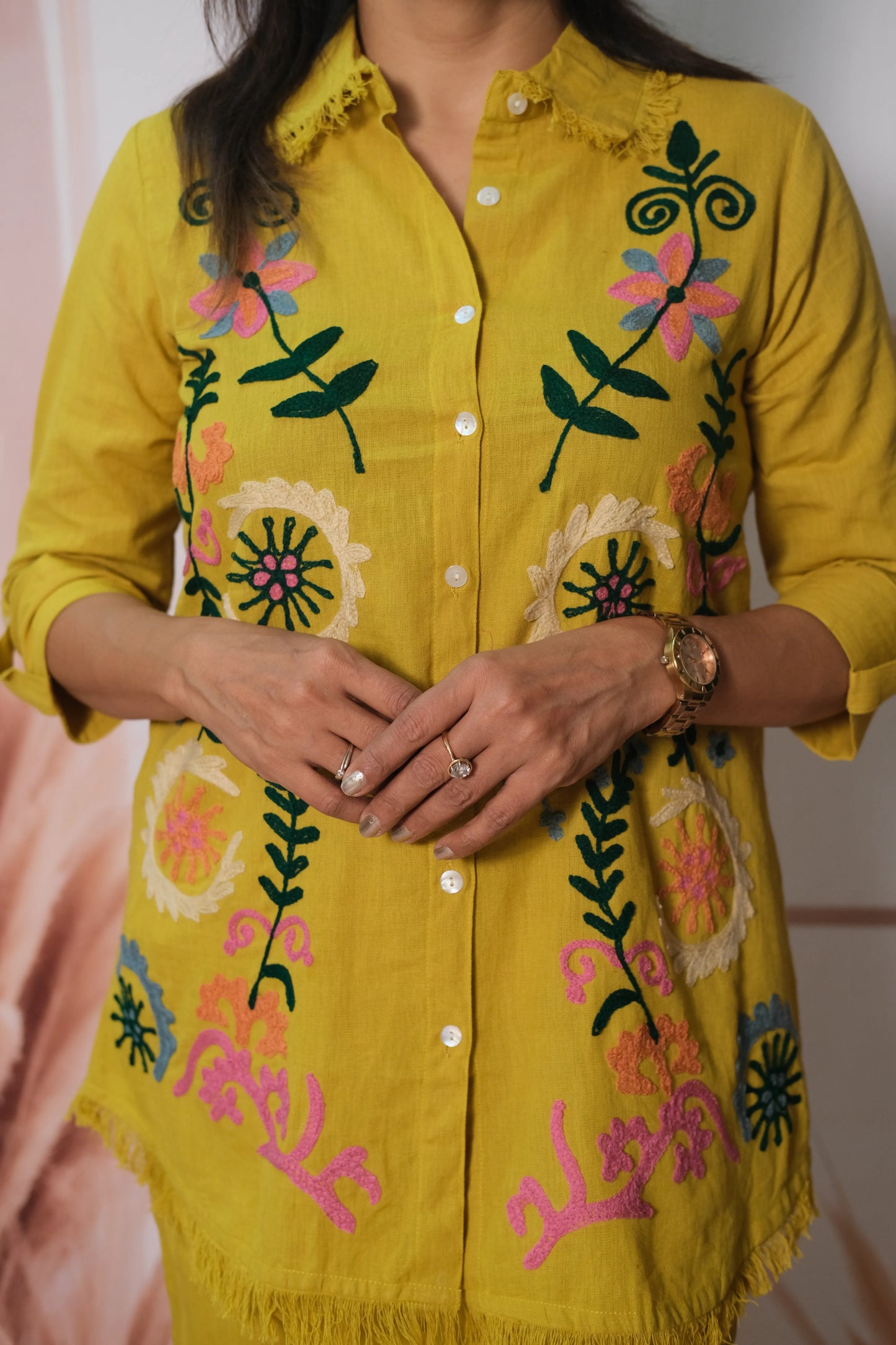 Yellow Flex Cotton Co-ord Set with Thread Embroidery | Stylish Ethnic Wear for Women