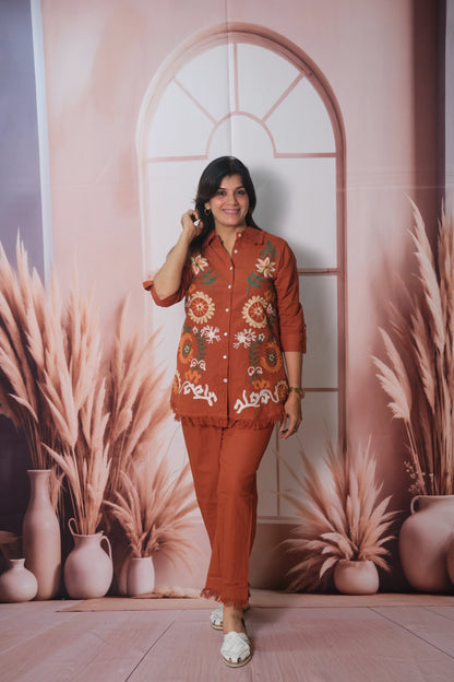 Rust Flex Cotton Co-ord Set with Thread Embroidery