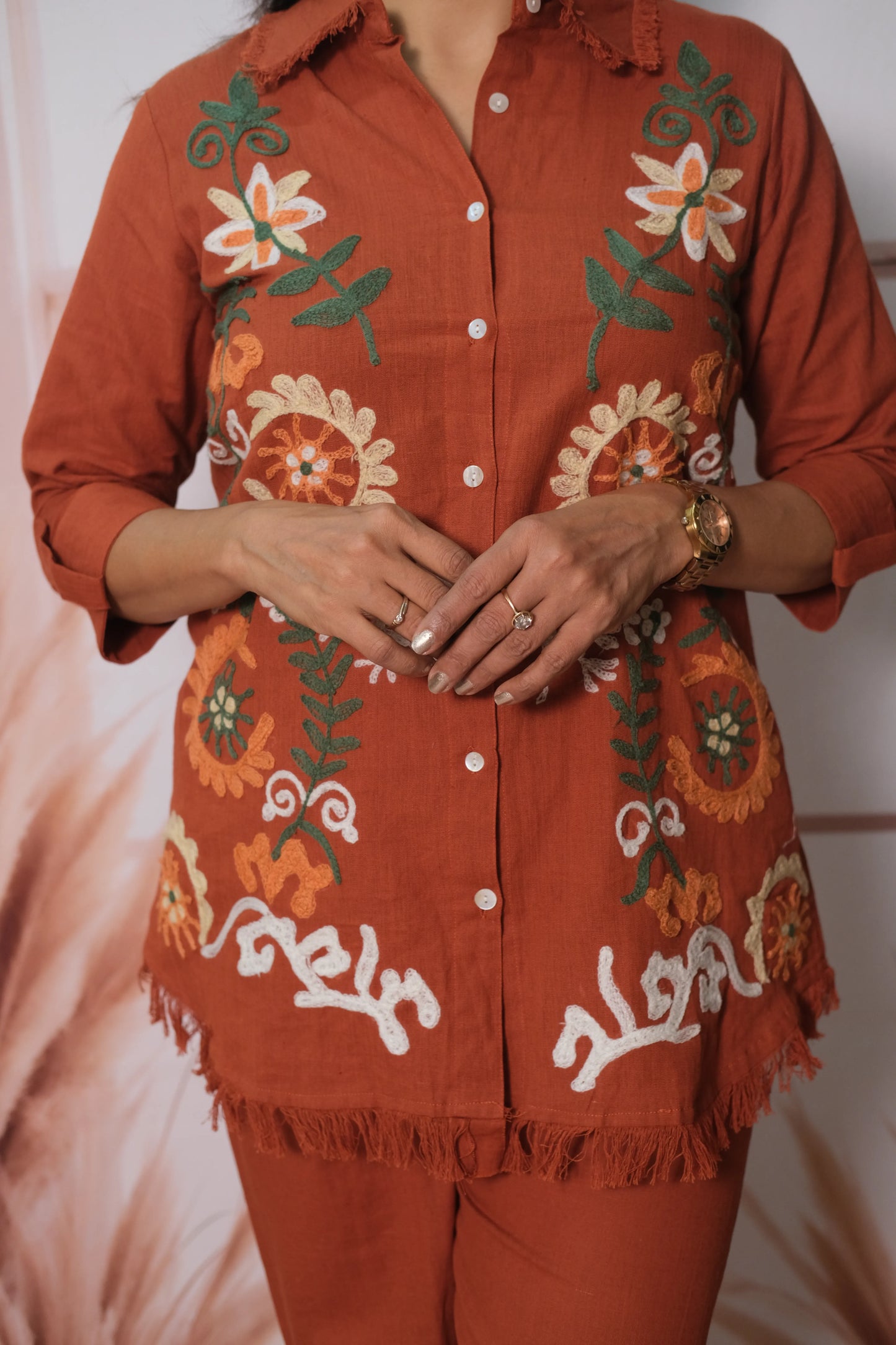 Rust Flex Cotton Co-ord Set with Thread Embroidery