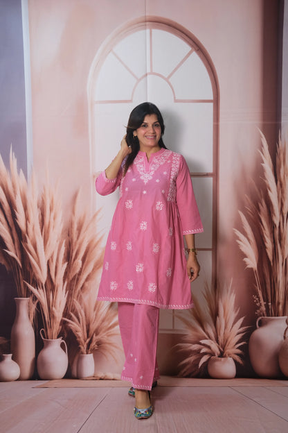 Pink Knee Length Kurta Pant Set with Thread Embroidery | Soft Cotton
