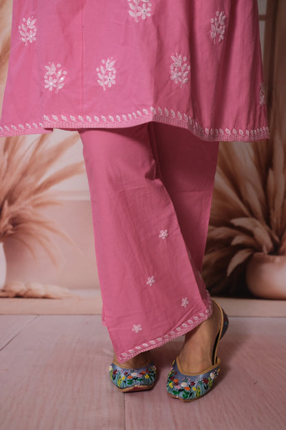 Pink Knee Length Kurta Pant Set with Thread Embroidery | Soft Cotton