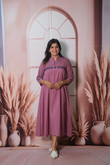 Plum One Piece Dress in Cotton with Applique Work
