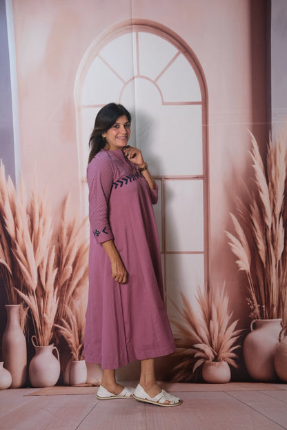 Plum One Piece Dress in Cotton with Applique Work