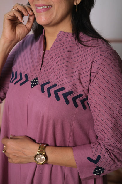 Plum One Piece Dress in Cotton with Applique Work