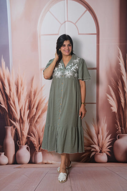 Sage Green Self-Textured Cotton One Piece with Thread Embroidery