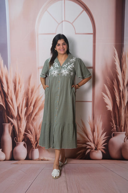 Sage Green Self-Textured Cotton One Piece with Thread Embroidery