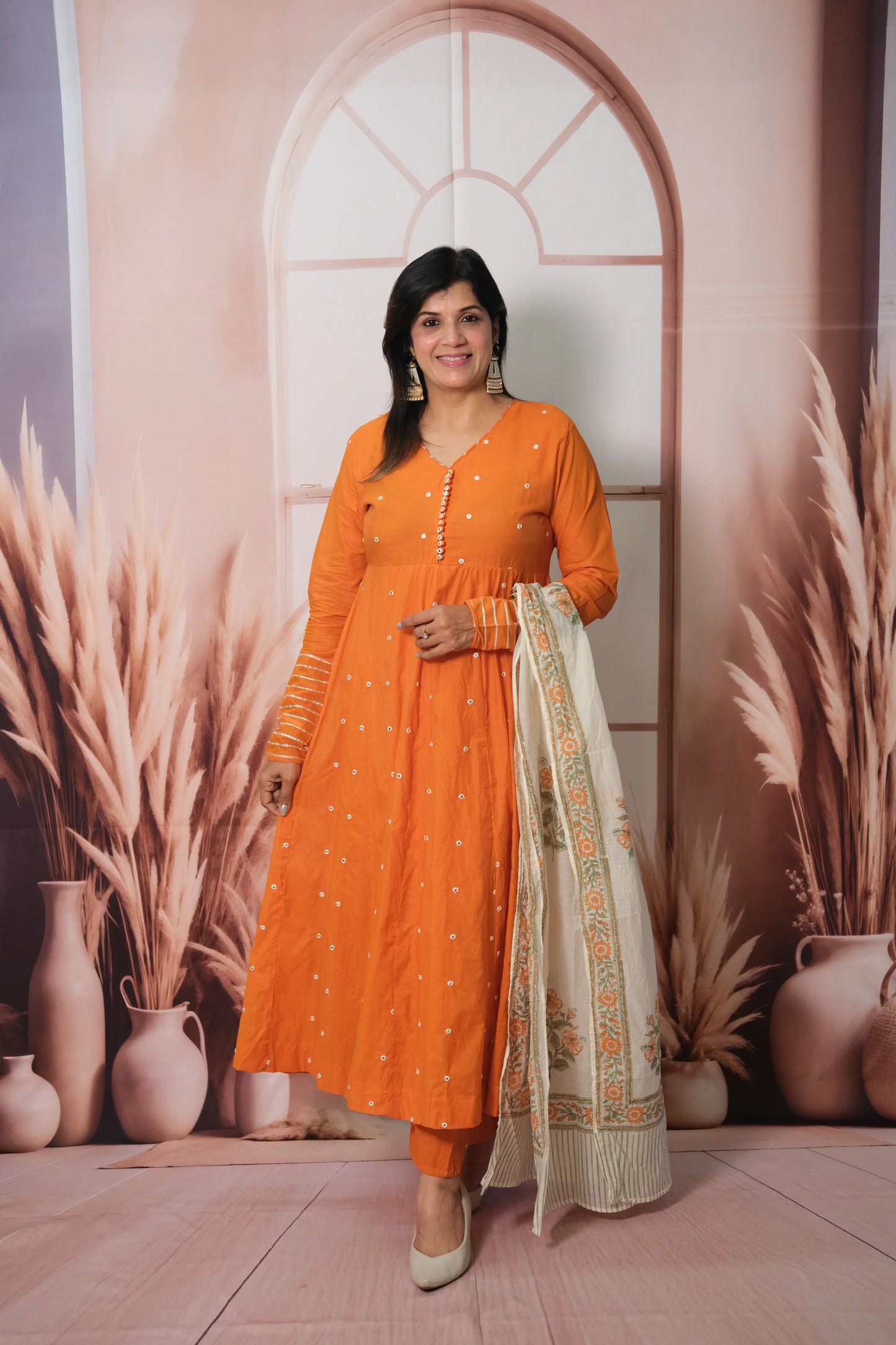 Orange Mul Chanderi A-Line Kurta Dupatta Set with Mirror Work & Printed Dupatta