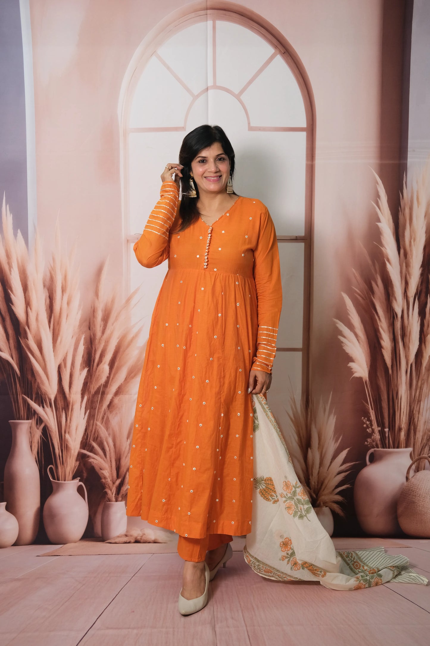 Orange Mul Chanderi A-Line Kurta Dupatta Set with Mirror Work & Printed Dupatta